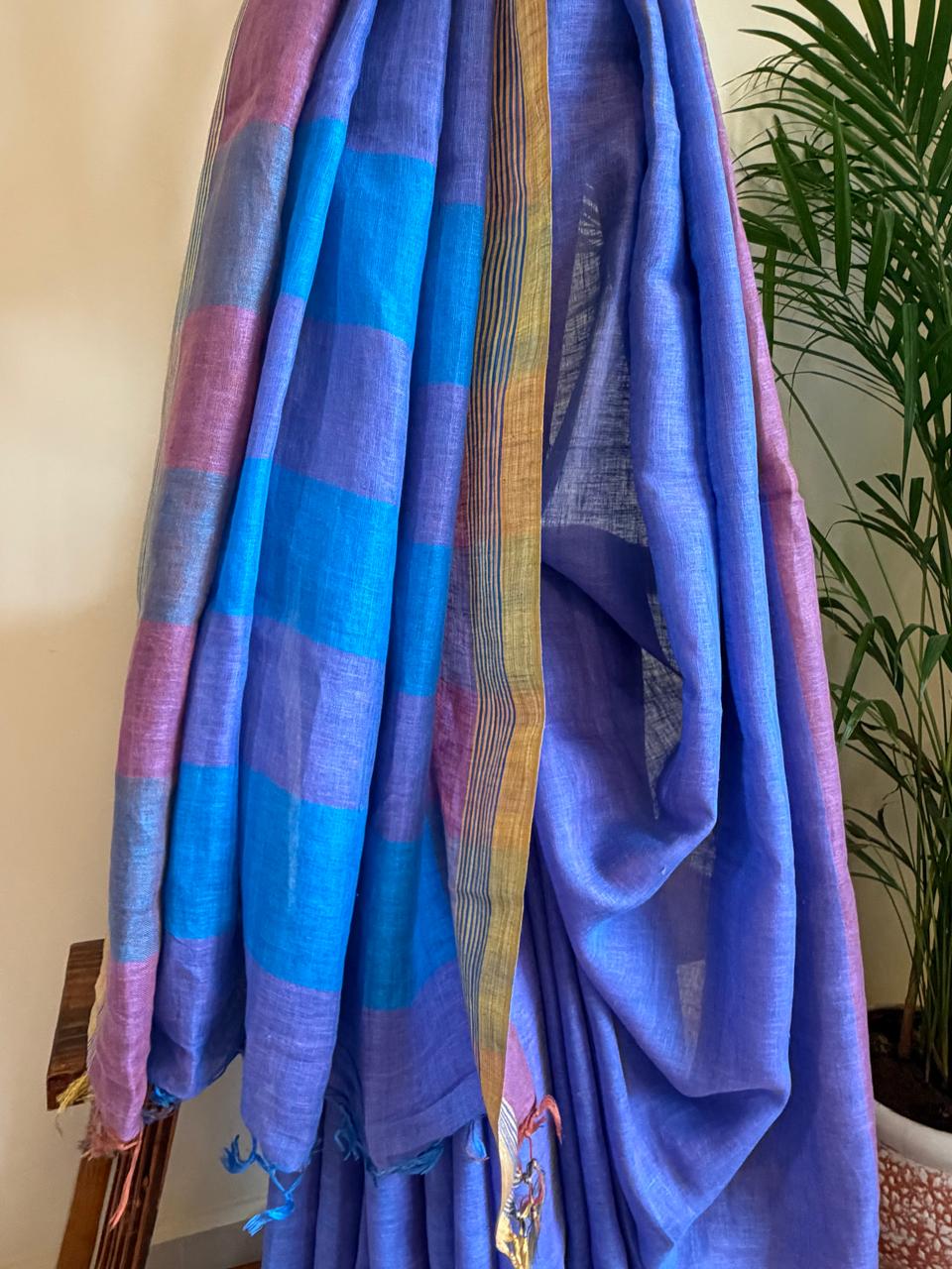 Pure Linen Handloom Saree with contrast border - Blue