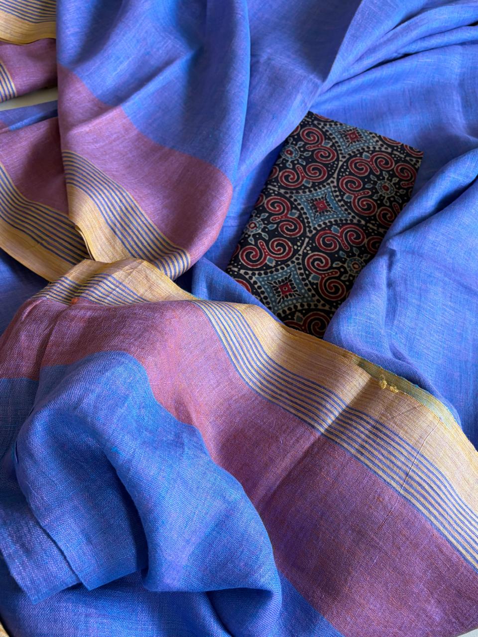 Pure Linen Handloom Saree with contrast border - Blue