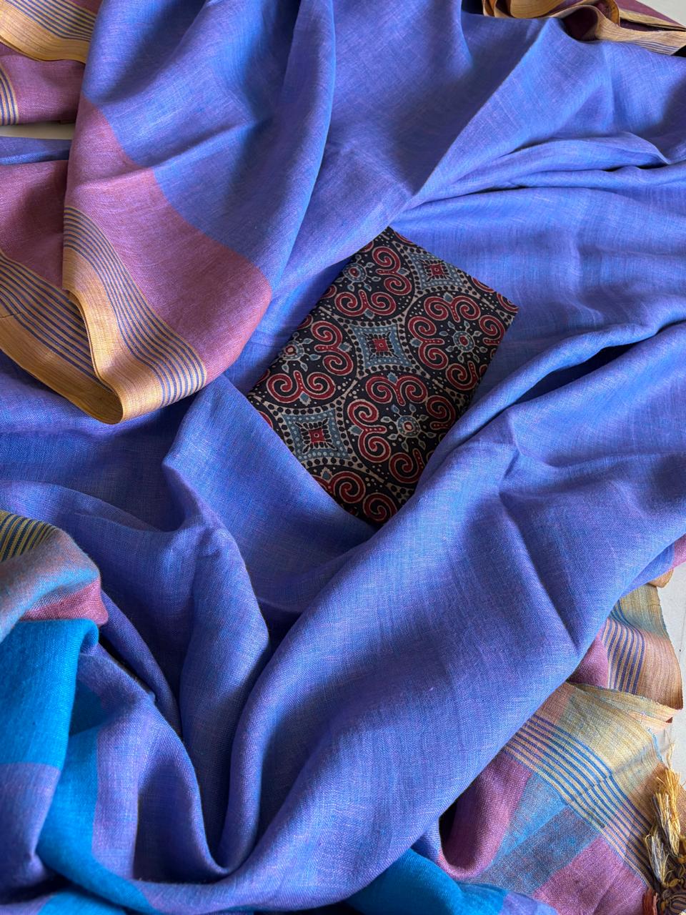 Pure Linen Handloom Saree with contrast border - Blue