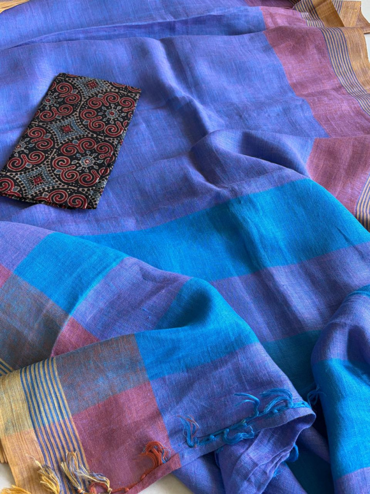 Image of Pure Linen Handloom Saree with contrast border - Blue