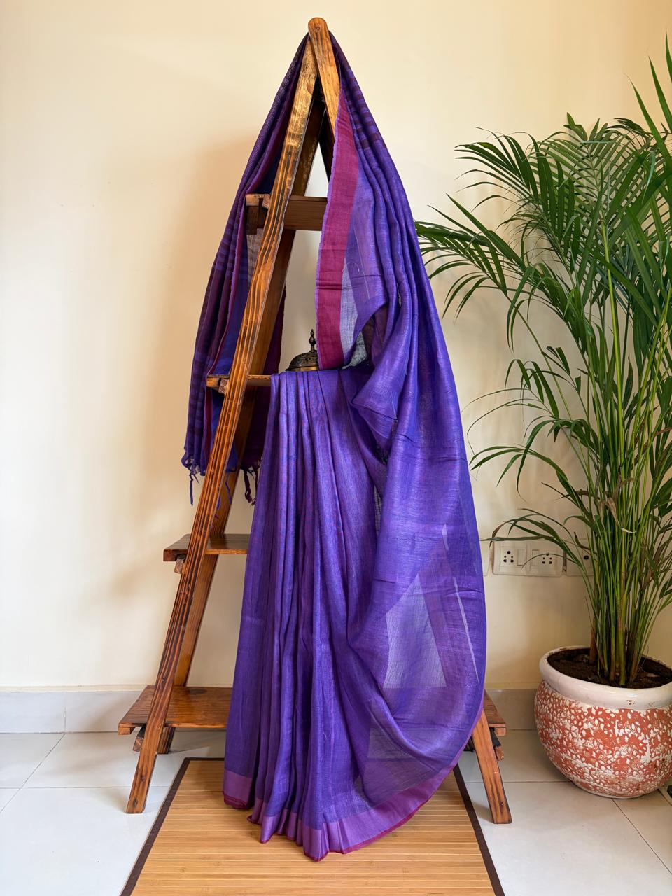 Handwoven  Purple Linen Saree with tassels