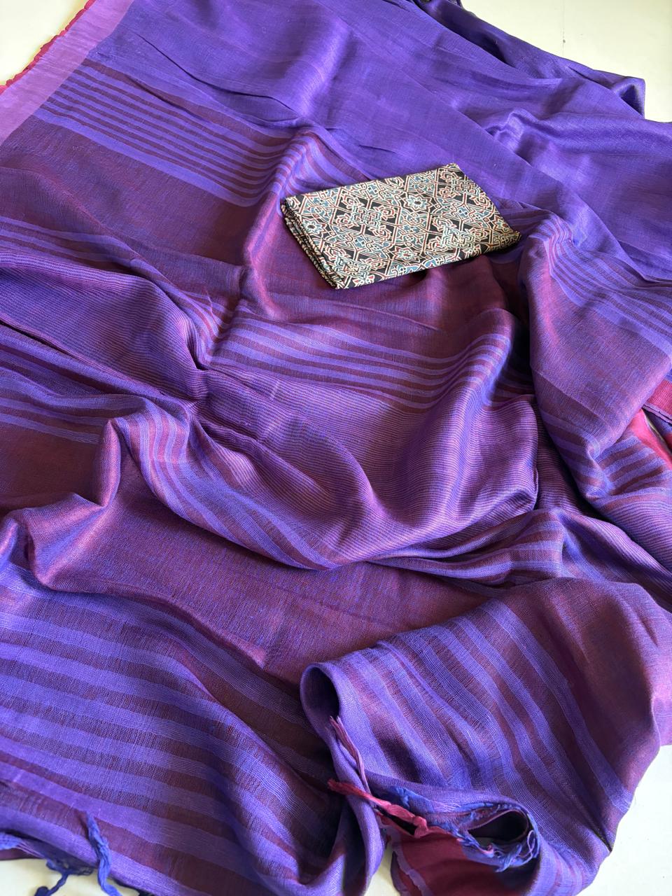 Handwoven  Purple Linen Saree with tassels
