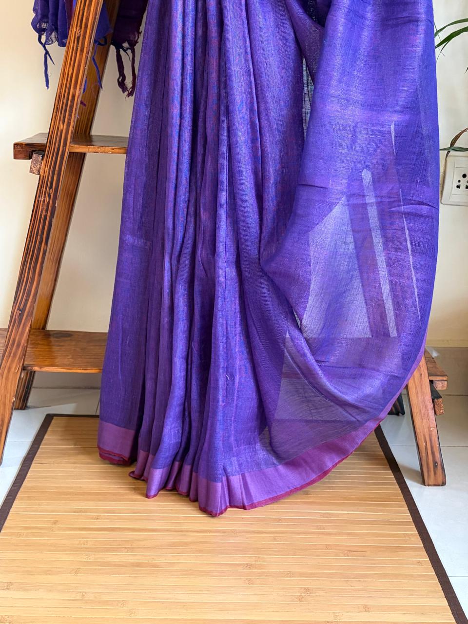 Handwoven Purple Linen Saree with tassels