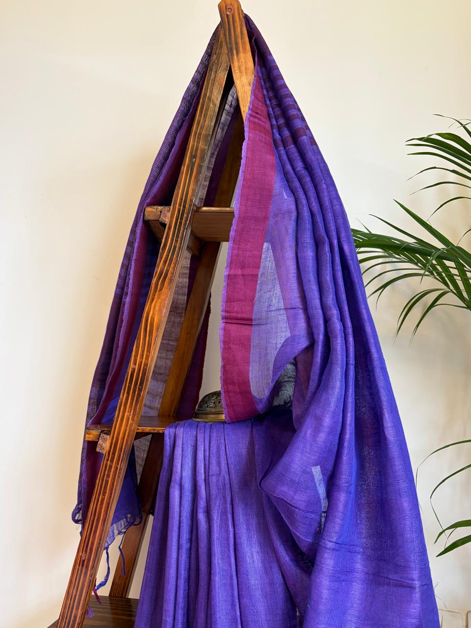 Handwoven  Purple Linen Saree with tassels