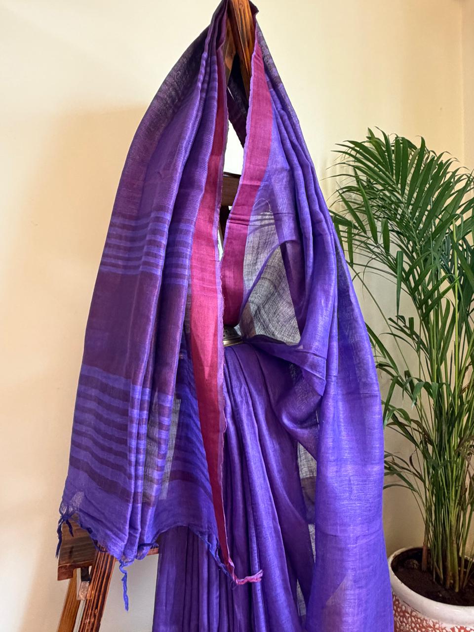 Handwoven  Purple Linen Saree with tassels