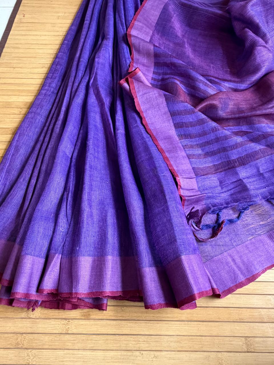 Handwoven Purple Linen Saree with tassels