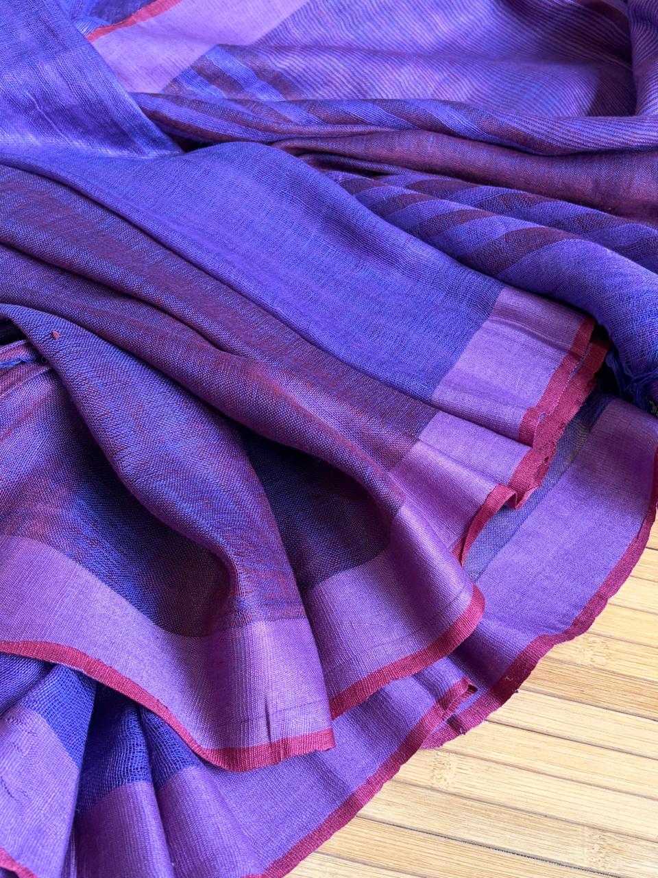 Handwoven Purple Linen Saree with tassels