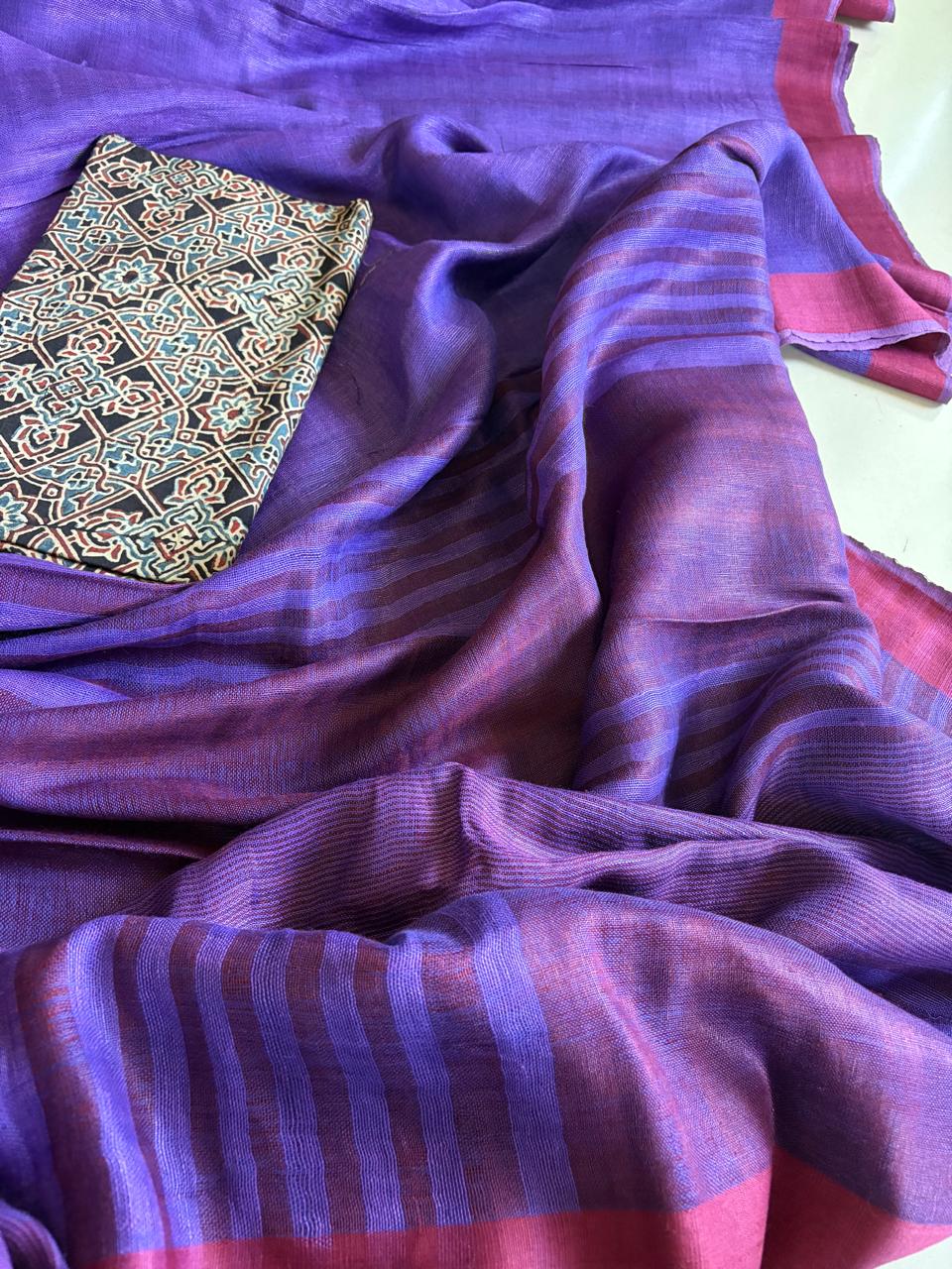 Handwoven  Purple Linen Saree with tassels