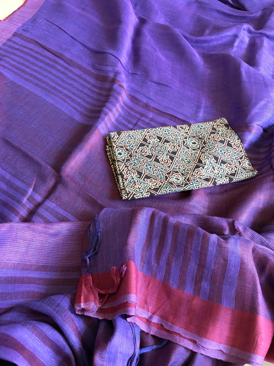Handwoven Purple Linen Saree with tassels