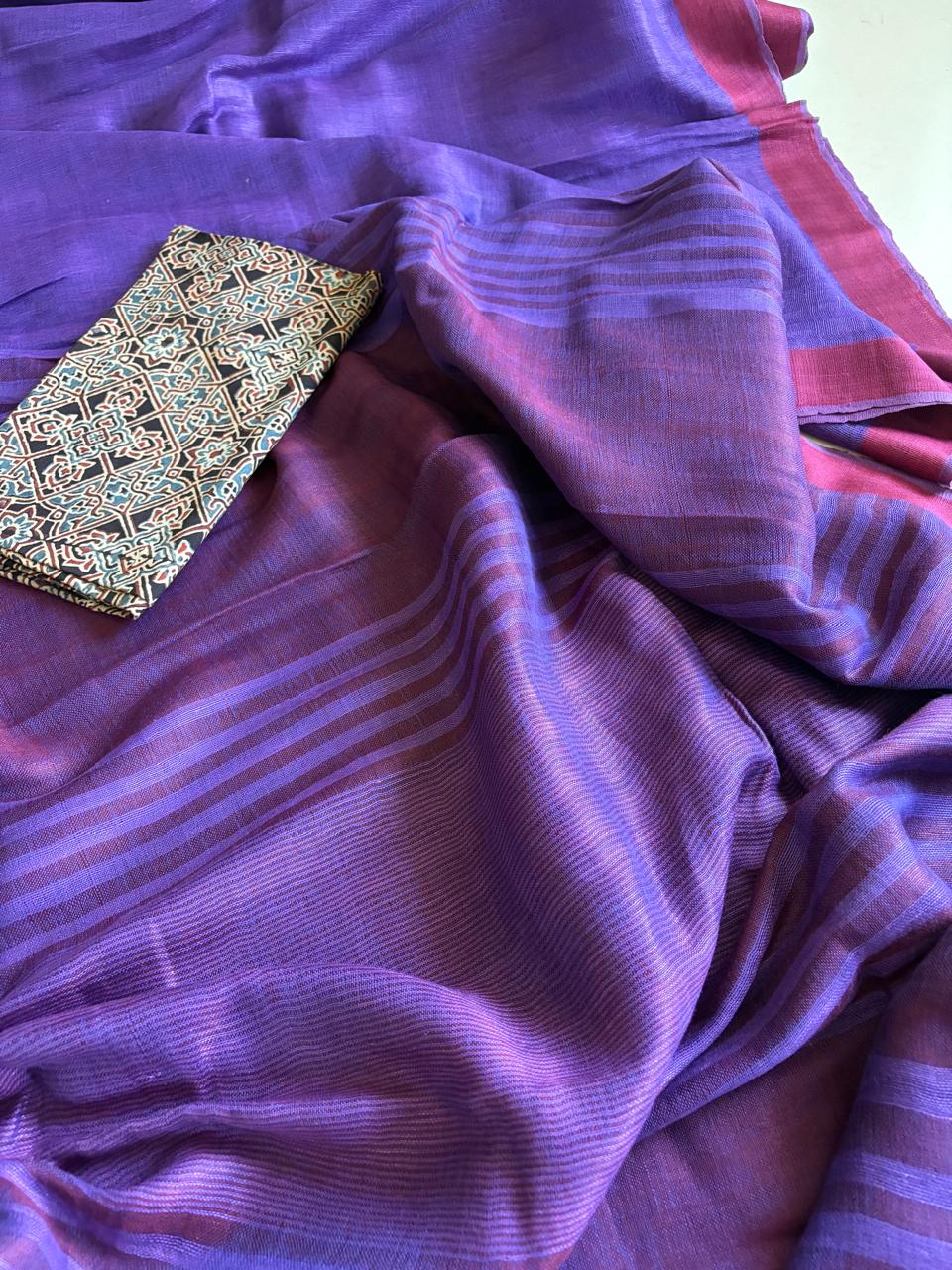 Handwoven Purple Linen Saree with tassels