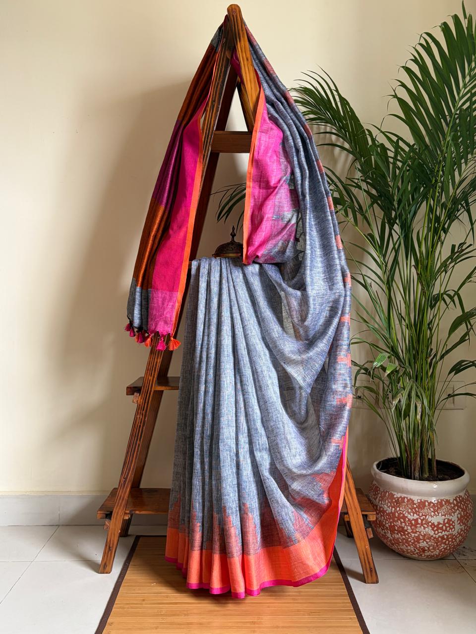 Handwoven Linen Saree with tassels and Temple Border - Grey