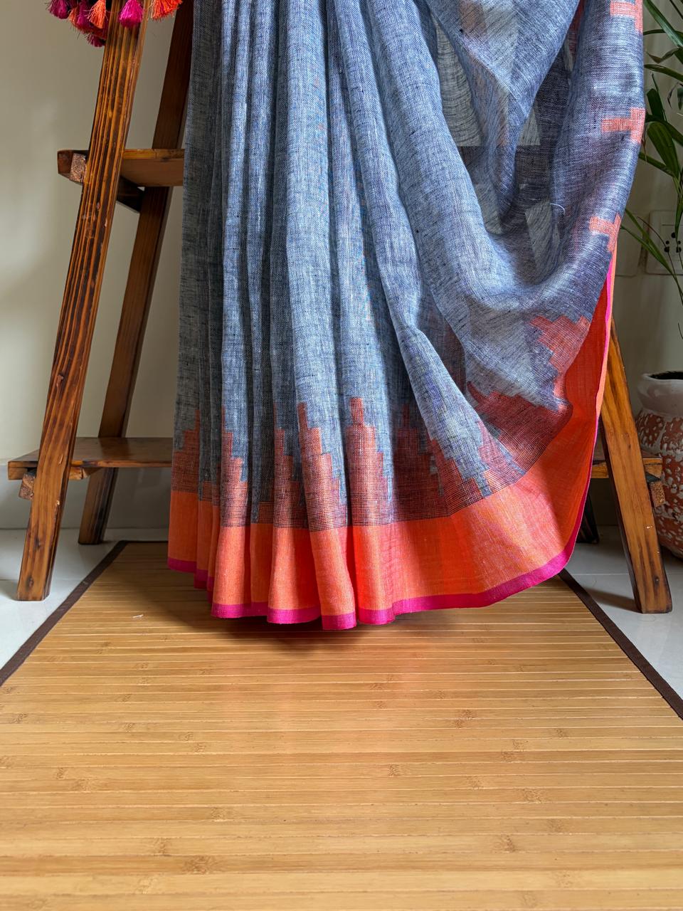 Handwoven Linen Saree with tassels and Temple Border - Grey