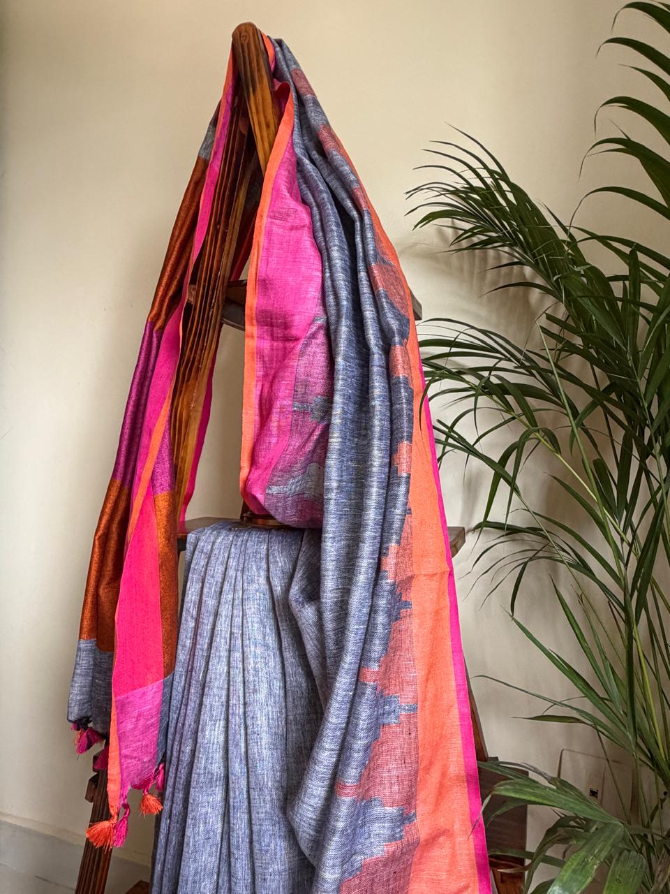 Handwoven Linen Saree with tassels and Temple Border - Grey