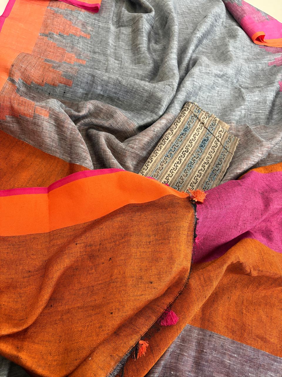 Handwoven Linen Saree with tassels and Temple Border - Grey