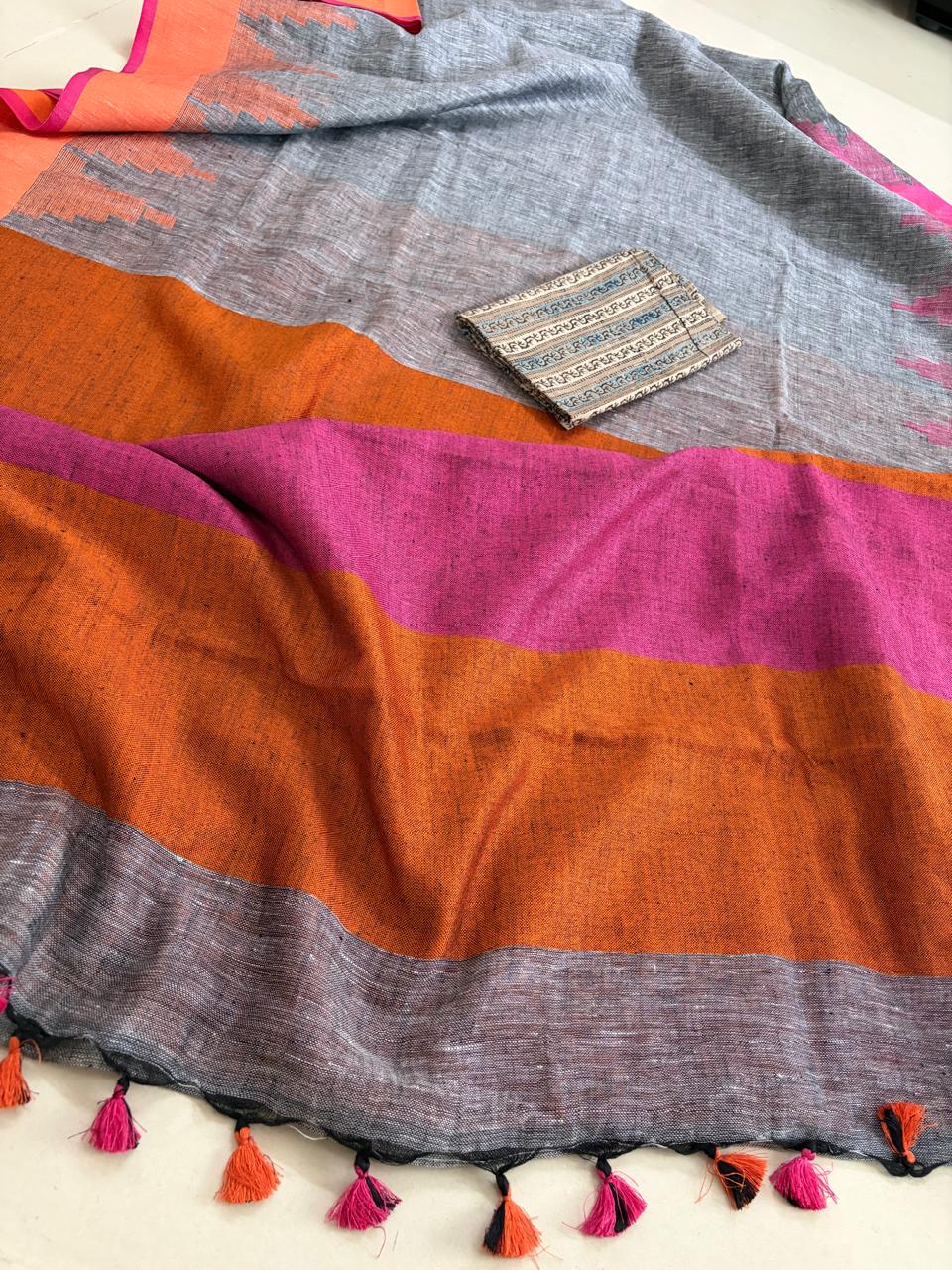Handwoven Linen Saree with tassels and Temple Border - Grey
