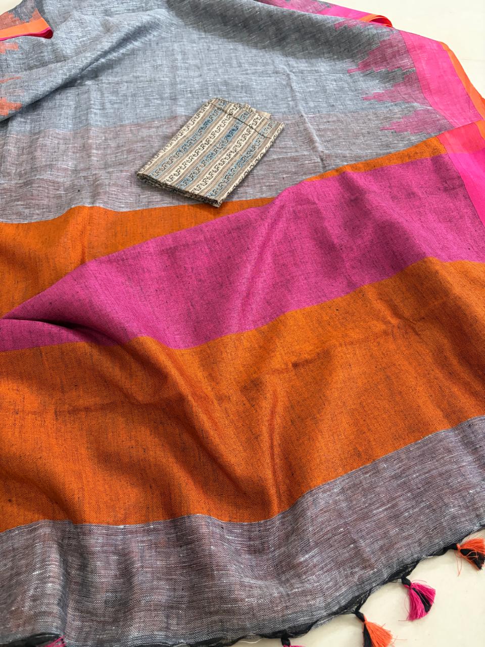 Handwoven Linen Saree with tassels and Temple Border - Grey