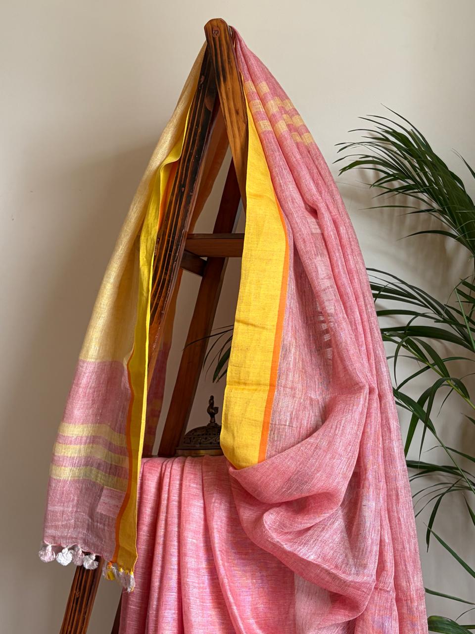 Handwoven Pastel Pink Linen Saree with tassels
