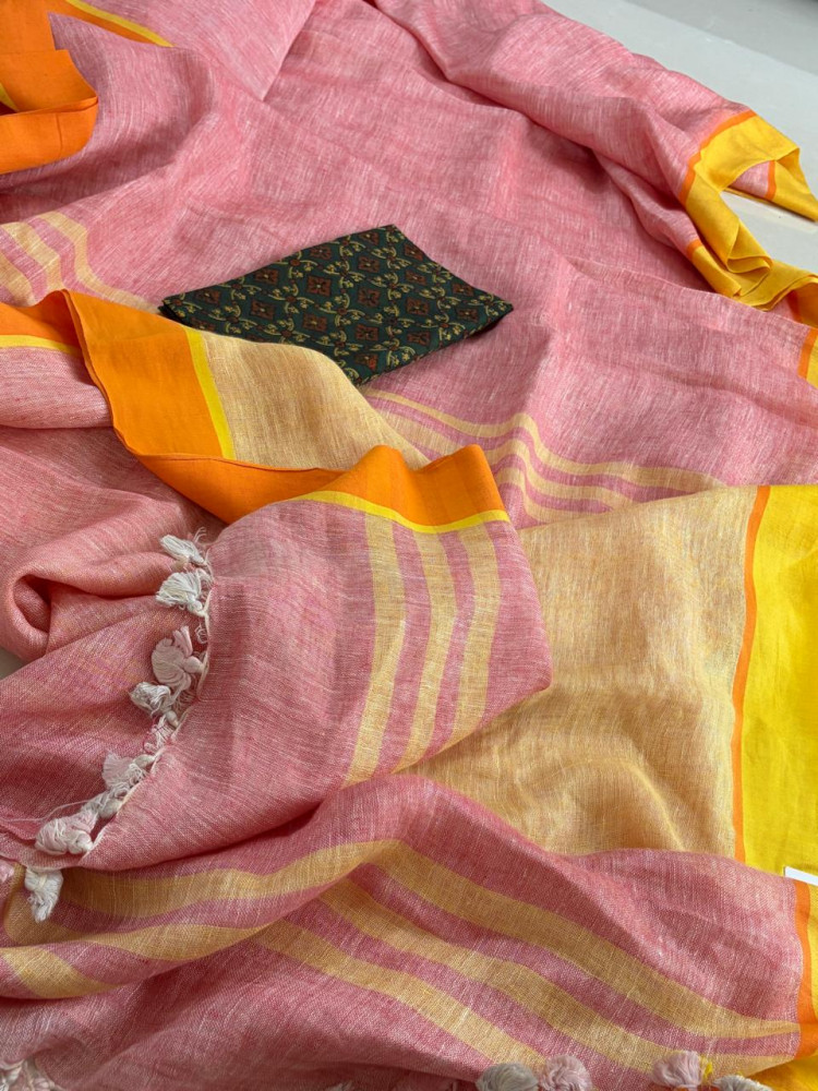 Image of Handwoven Pastel Pink Linen Saree with tassels