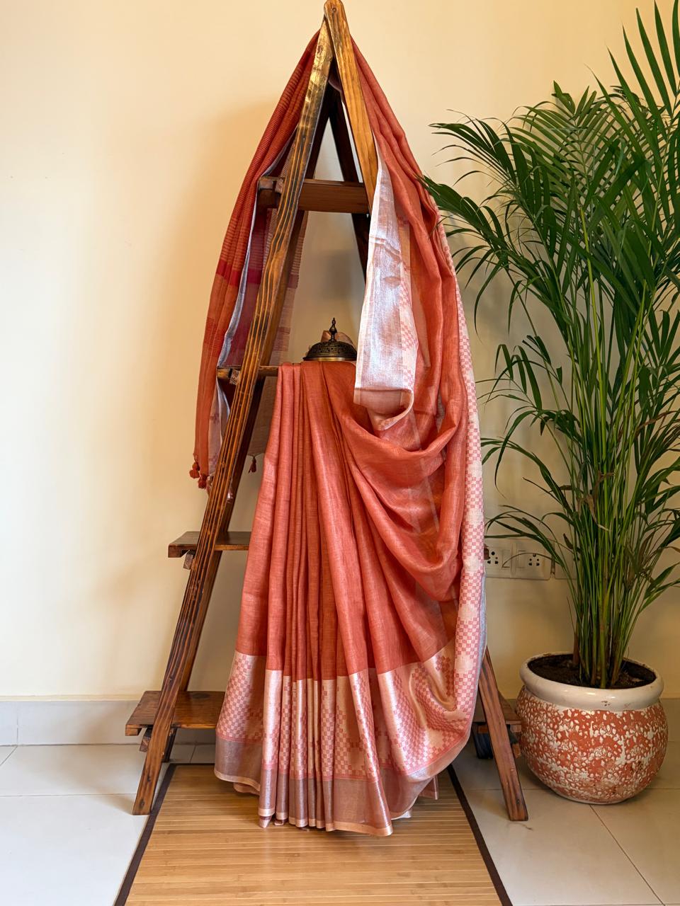 Pure Linen Handloom Saree with Resham border - Rust Red