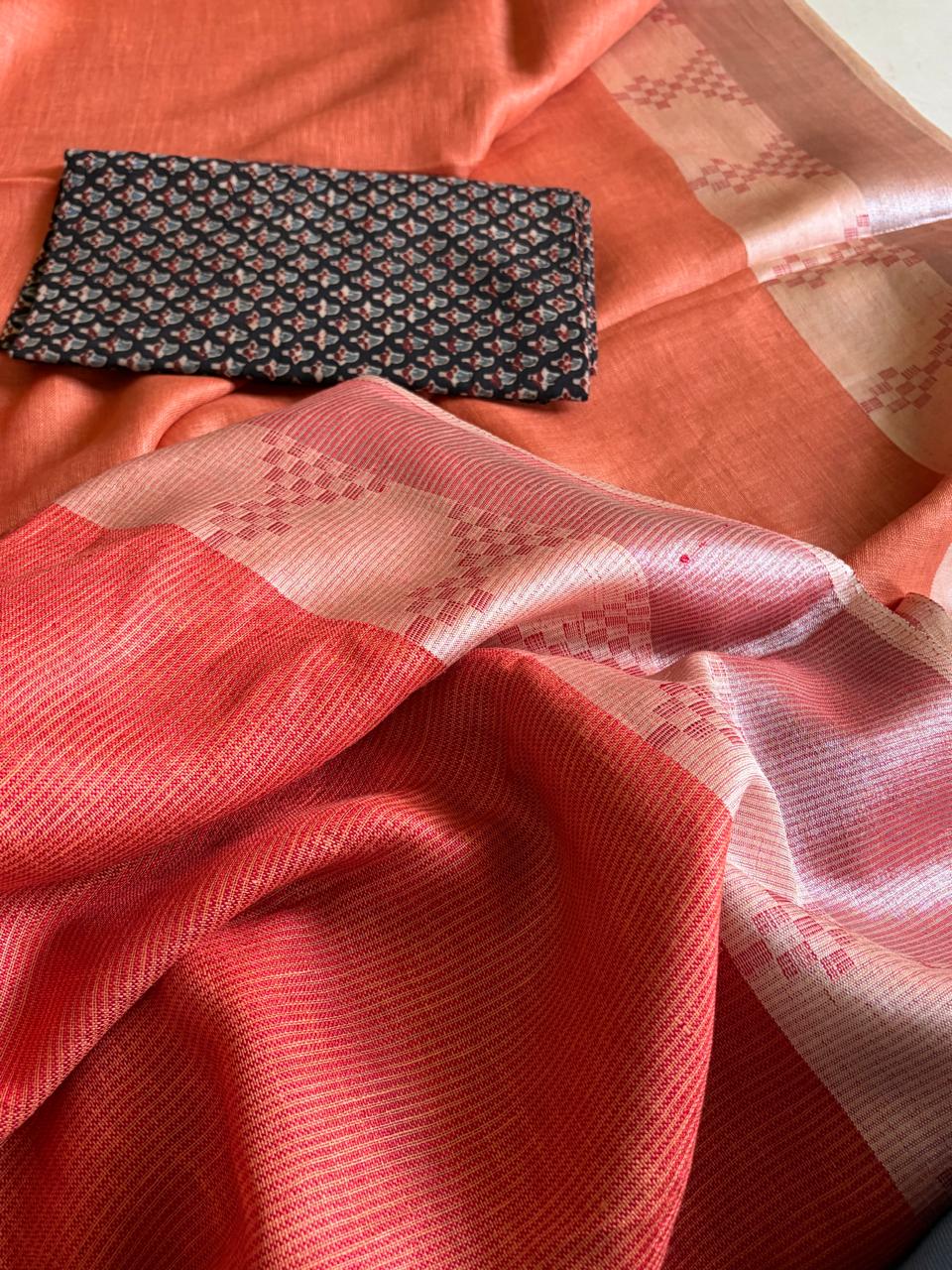 Pure Linen Handloom Saree with Resham border - Rust Red