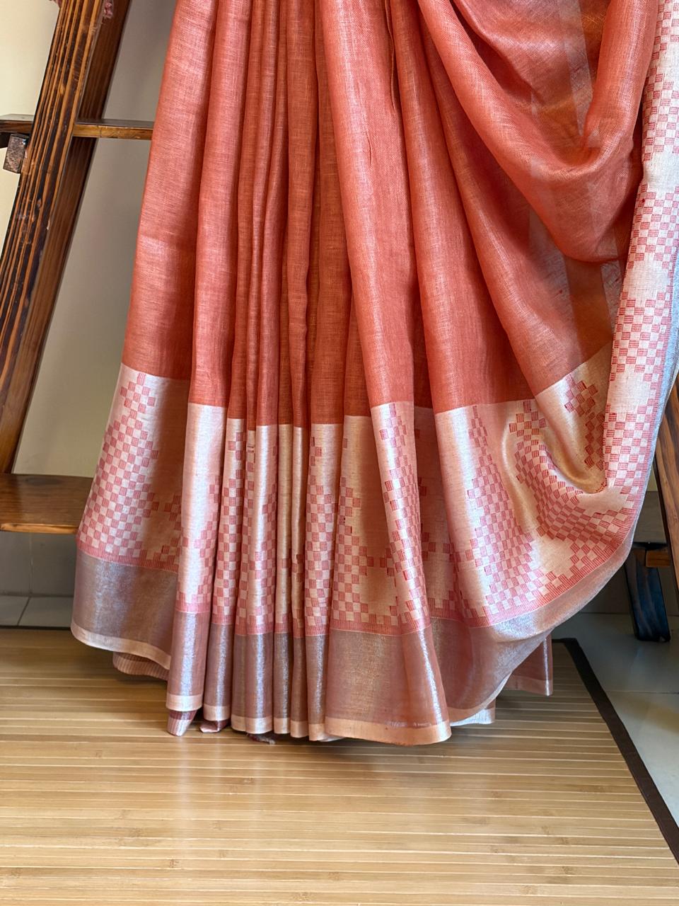 Pure Linen Handloom Saree with Resham border - Rust Red