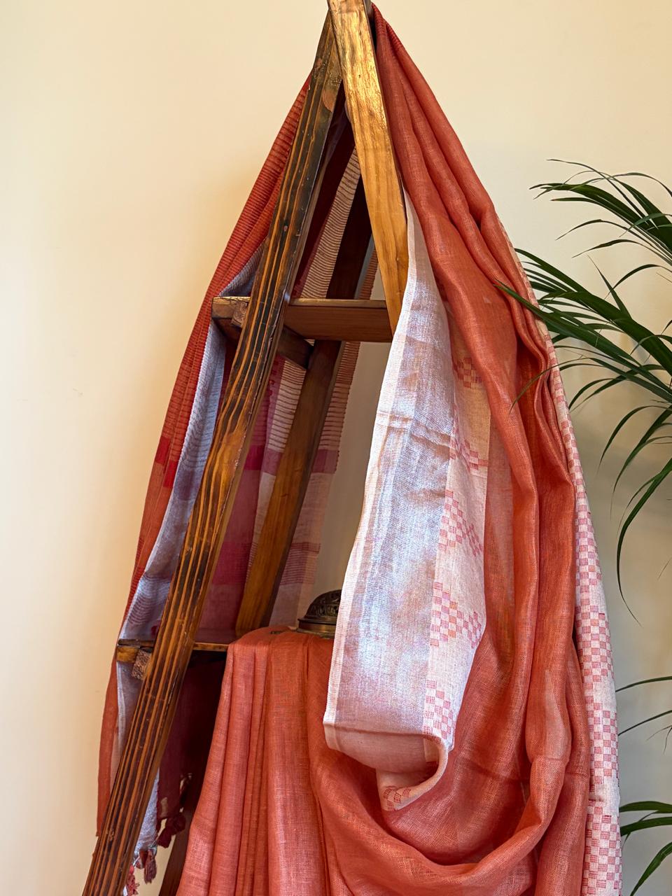 Pure Linen Handloom Saree with Resham border - Rust Red