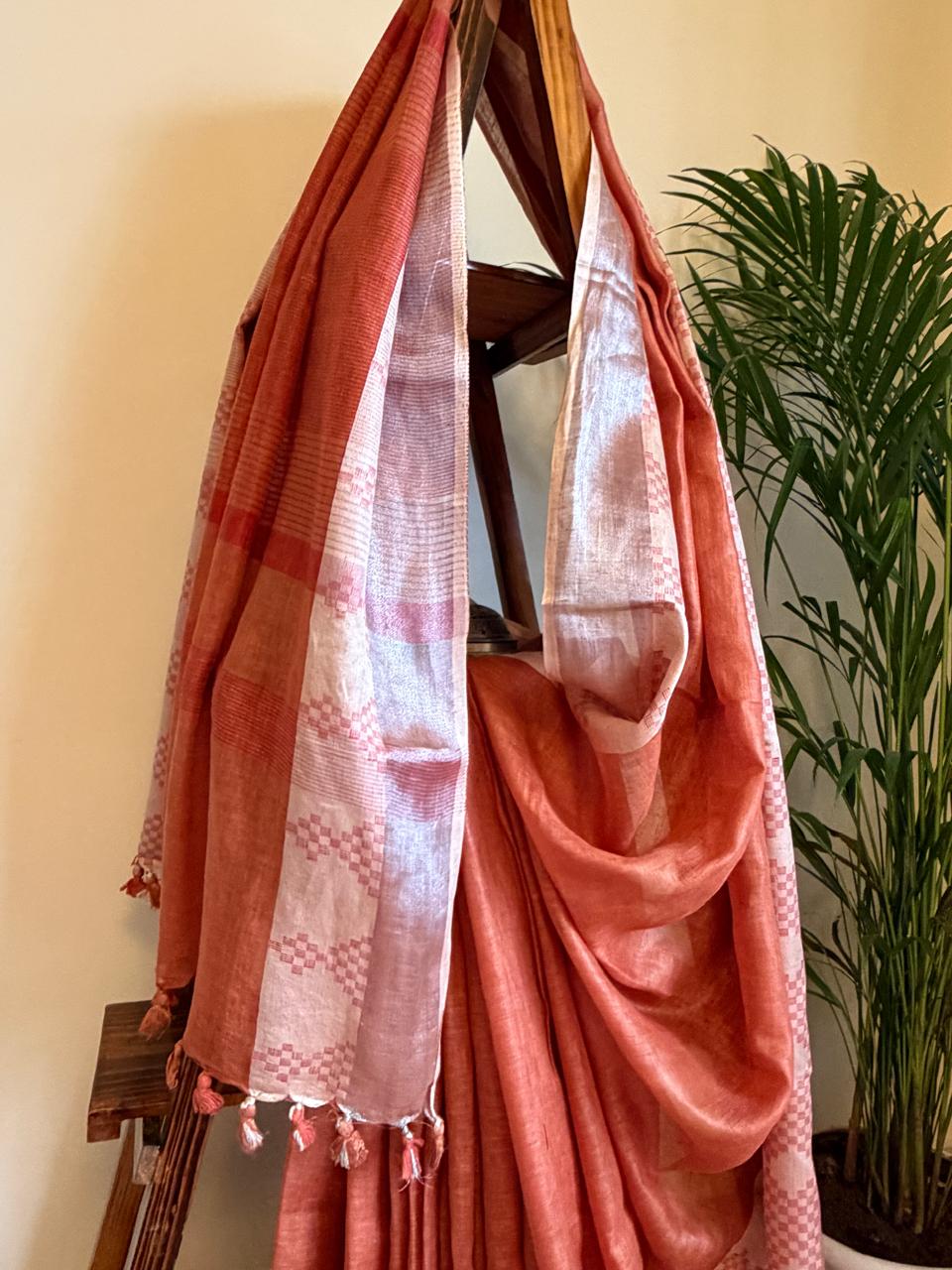 Pure Linen Handloom Saree with Resham border - Rust Red