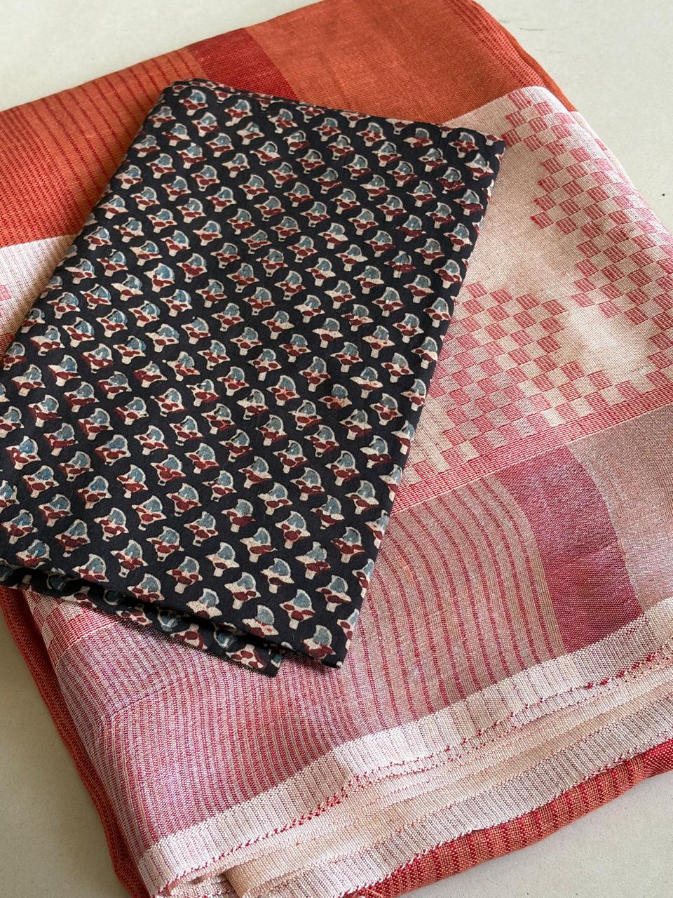 Pure Linen Handloom Saree with Resham border - Rust Red