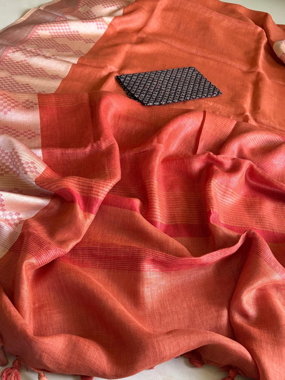 Pure Linen Handloom Saree with Resham border - Rust Red