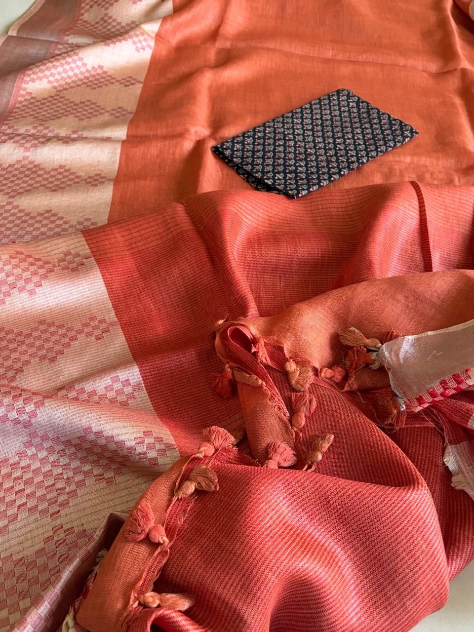 Pure Linen Handloom Saree with Resham border - Rust Red