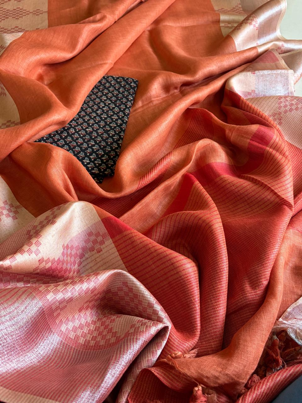 Pure Linen Handloom Saree with Resham border - Rust Red