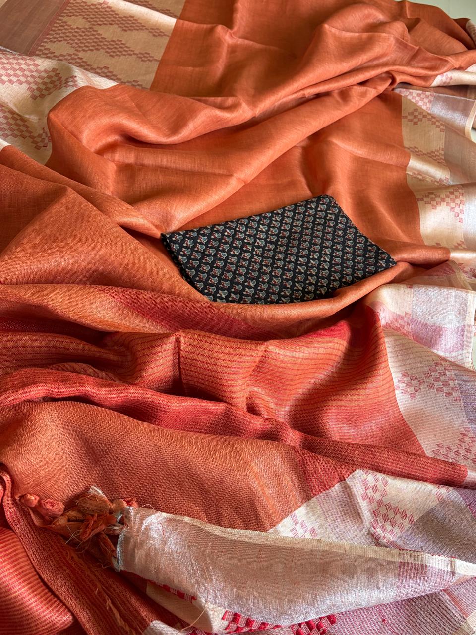 Pure Linen Handloom Saree with Resham border - Rust Red