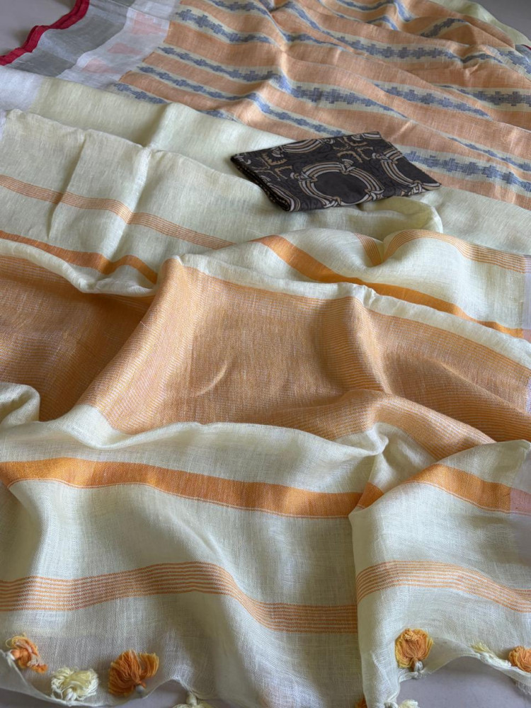 Image of 100% Handwoven Linen saree with tassels - Pastel Yellow