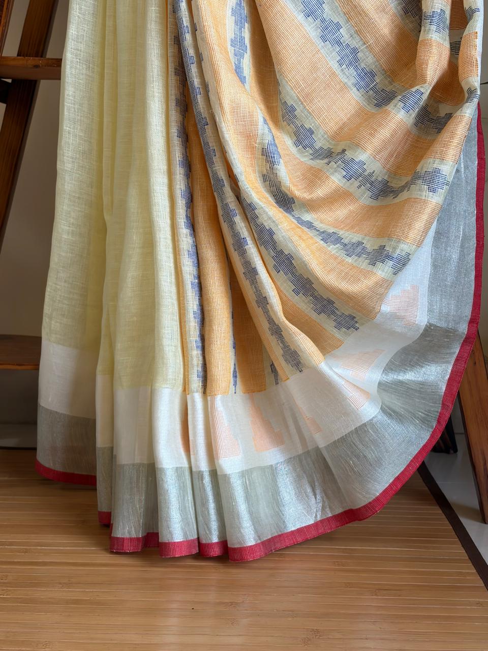 100 Handwoven Linen saree with tassels - Pastel Yellow