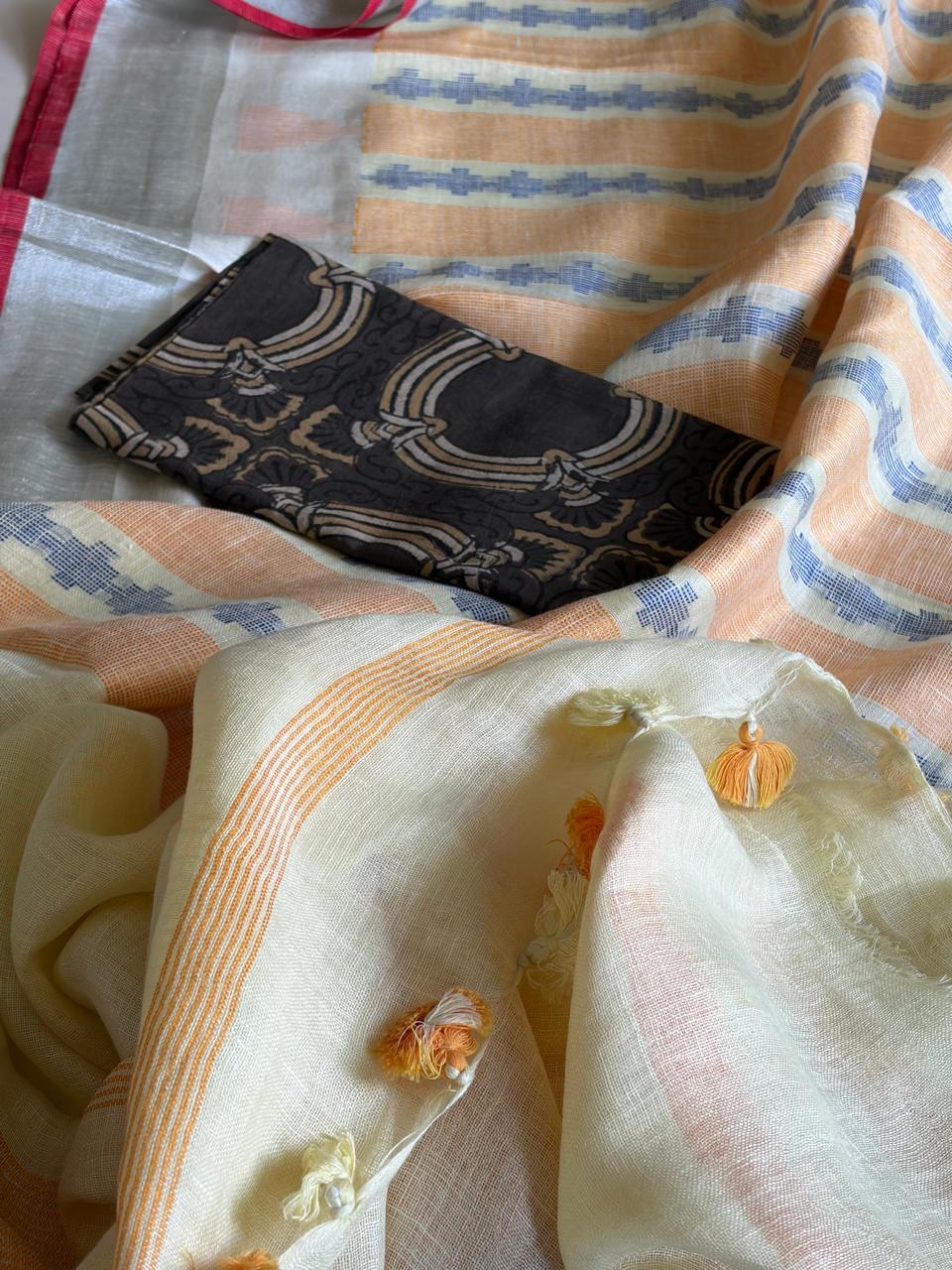 100 Handwoven Linen saree with tassels - Pastel Yellow