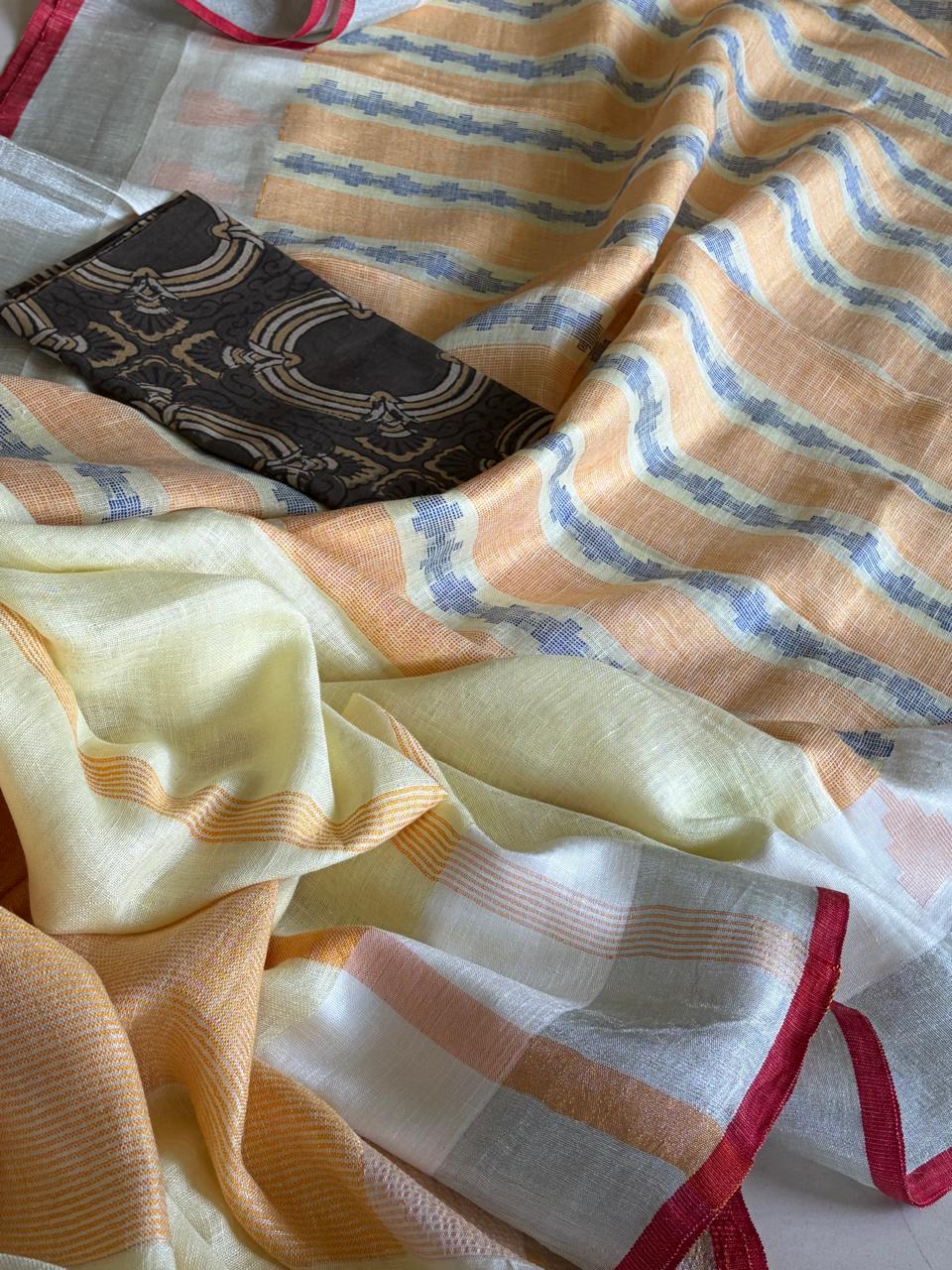 100 Handwoven Linen saree with tassels - Pastel Yellow