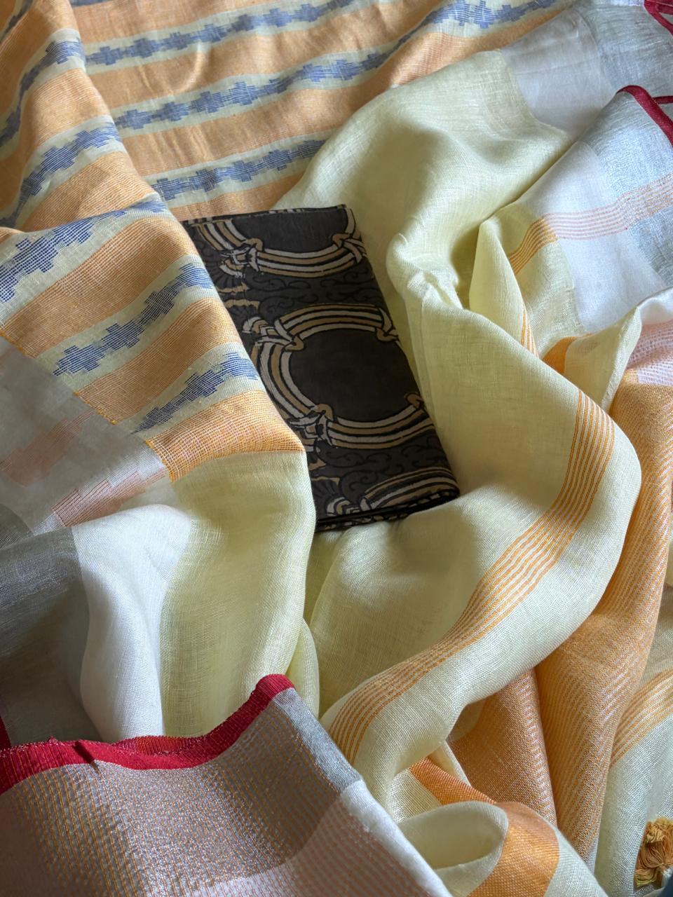 100 Handwoven Linen saree with tassels - Pastel Yellow