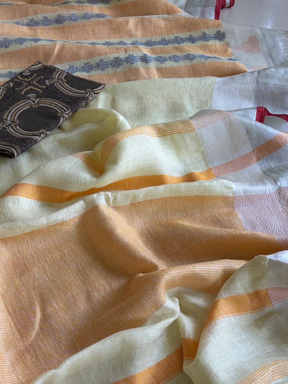 100 Handwoven Linen saree with tassels - Pastel Yellow