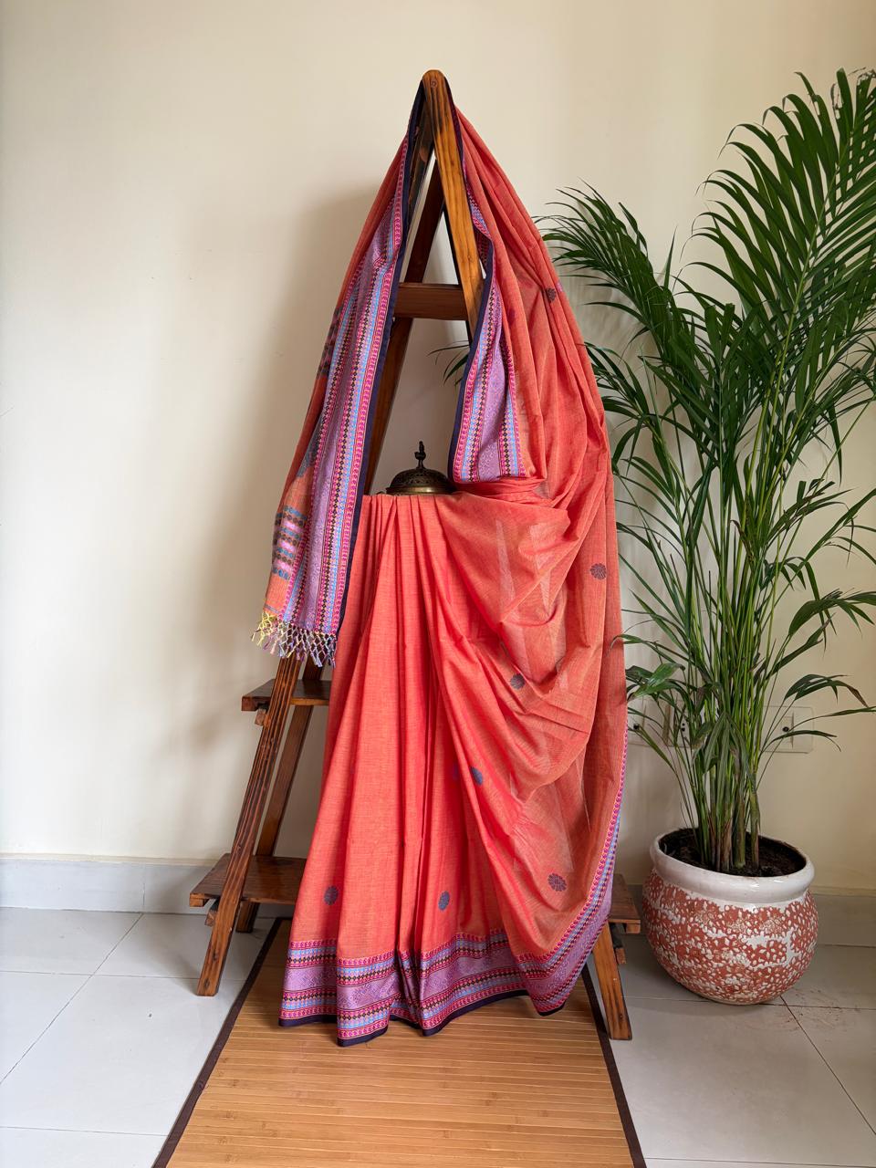 Handwoven Pure Bengal Cotton Baluchari Saree Coral Orange