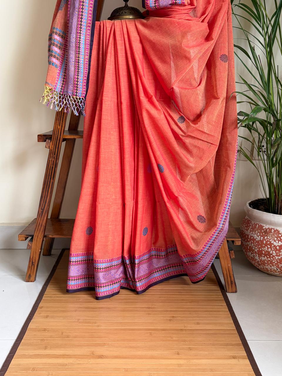 Handwoven Pure Bengal Cotton Baluchari Saree Coral Orange