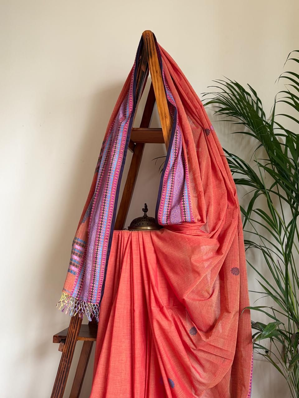 Handwoven Pure Bengal Cotton Baluchari Saree Coral Orange