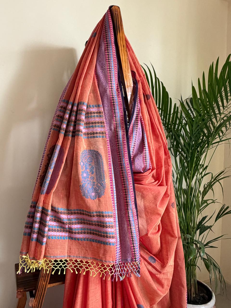 Handwoven Pure Bengal Cotton Baluchari Saree Coral Orange