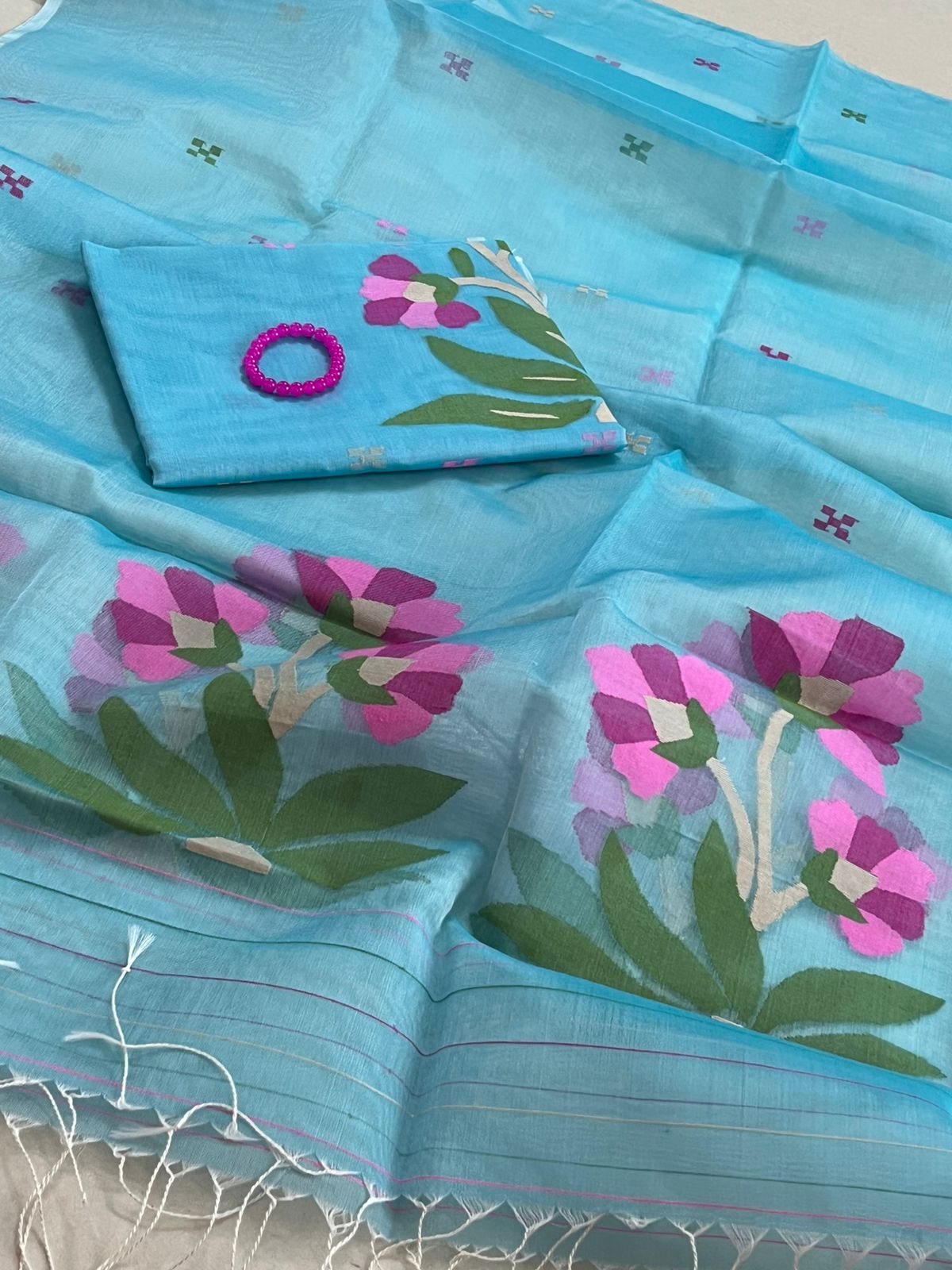 Handwoven Pure Silk Jamdani Kurta Dupatta Sets - Light Turquoise