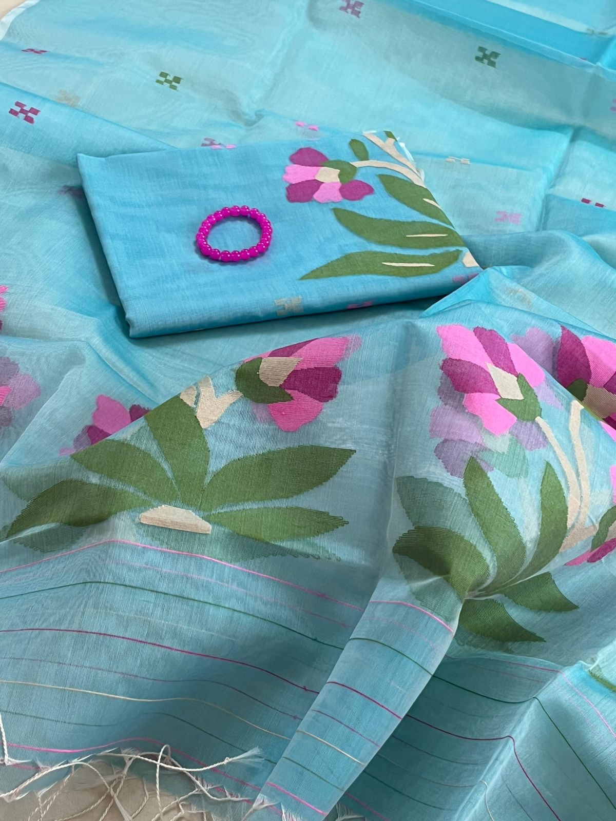 Handwoven Pure Silk Jamdani Kurta Dupatta Sets - Light Turquoise