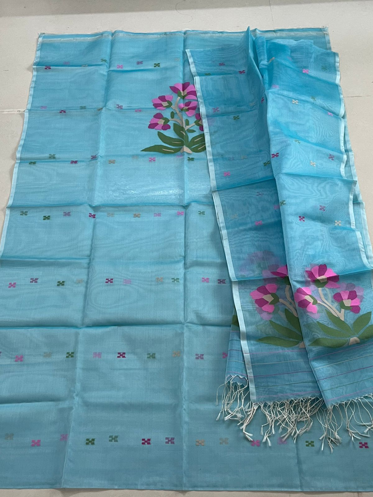 Handwoven Pure Silk Jamdani Kurta Dupatta Sets - Light Turquoise
