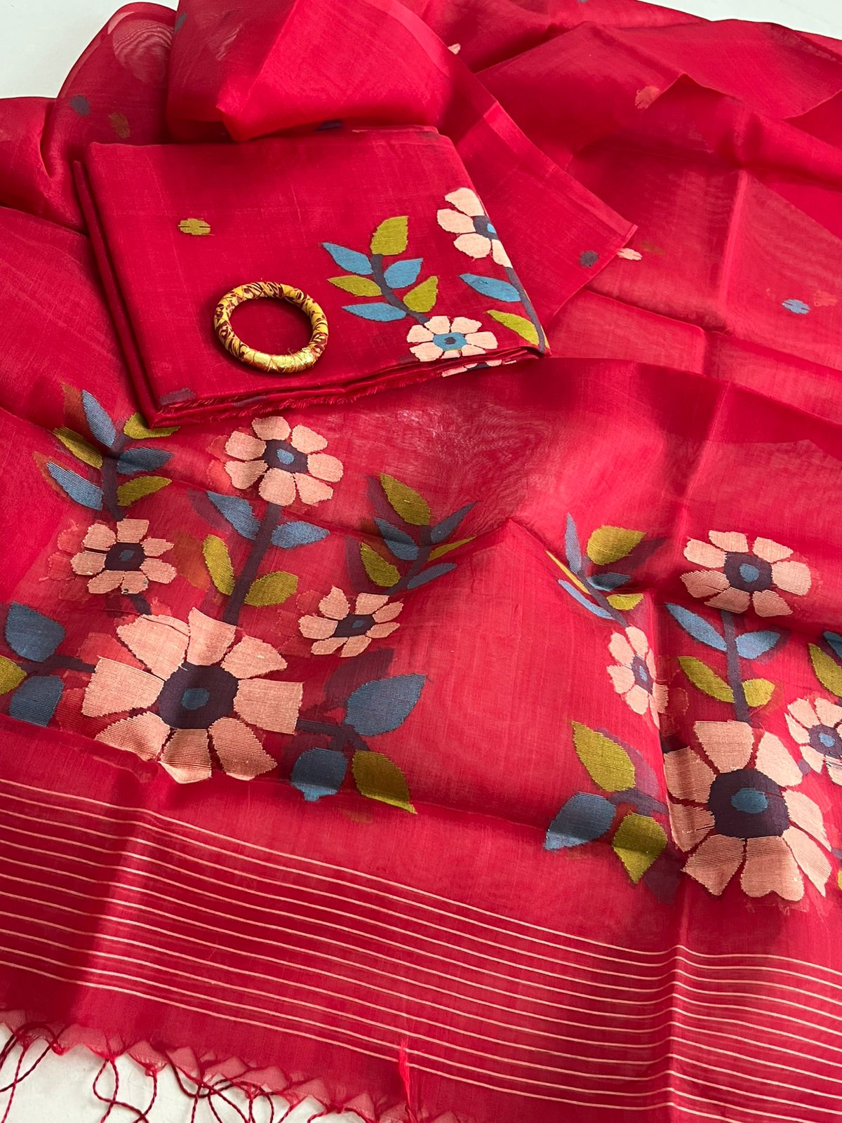 Handwoven Pure Silk Jamdani Kurta Dupatta Sets- Red