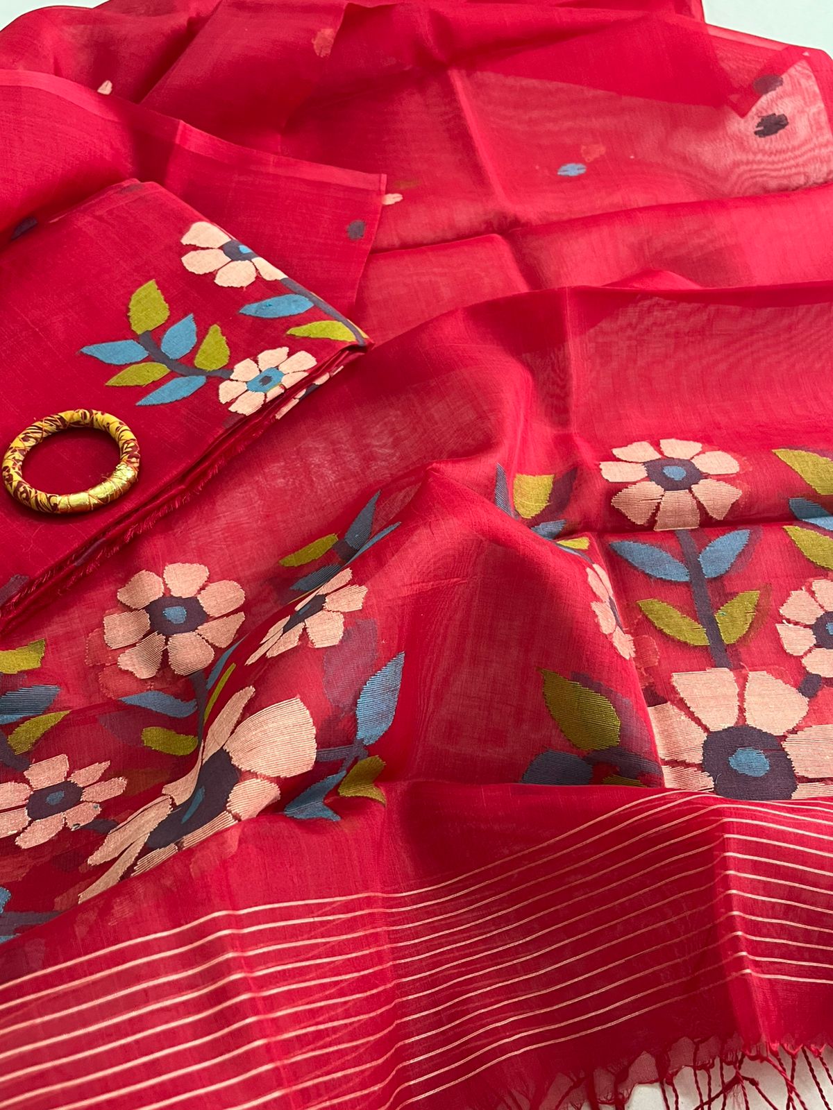Handwoven Pure Silk Jamdani Kurta Dupatta Sets- Red