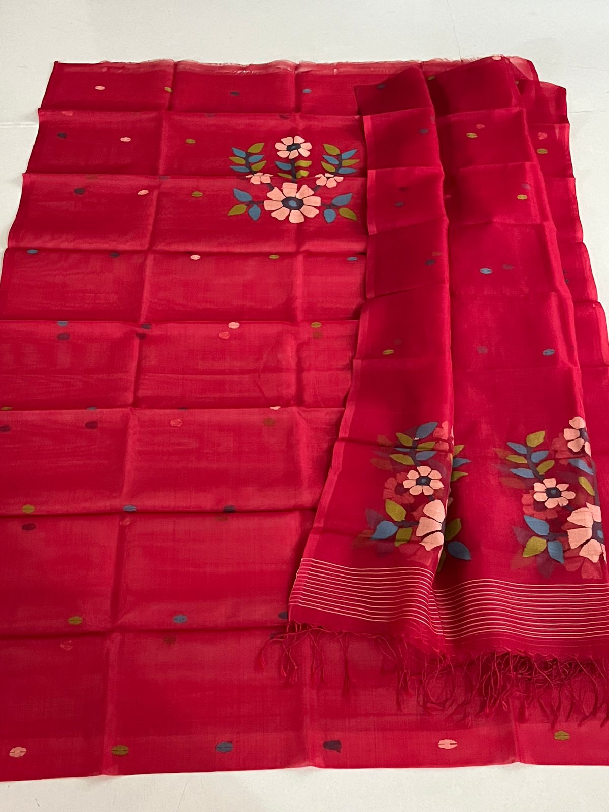 Handwoven Pure Silk Jamdani Kurta Dupatta Sets- Red