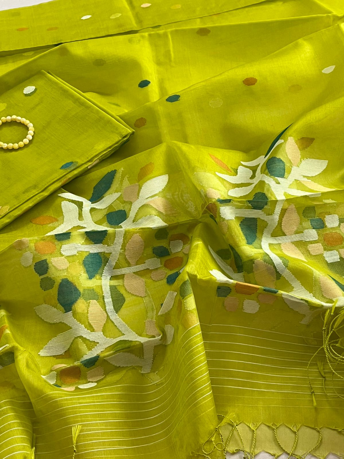 Handwoven Pure Silk Jamdani Kurta Dupatta Sets- Vibrant Lime Green