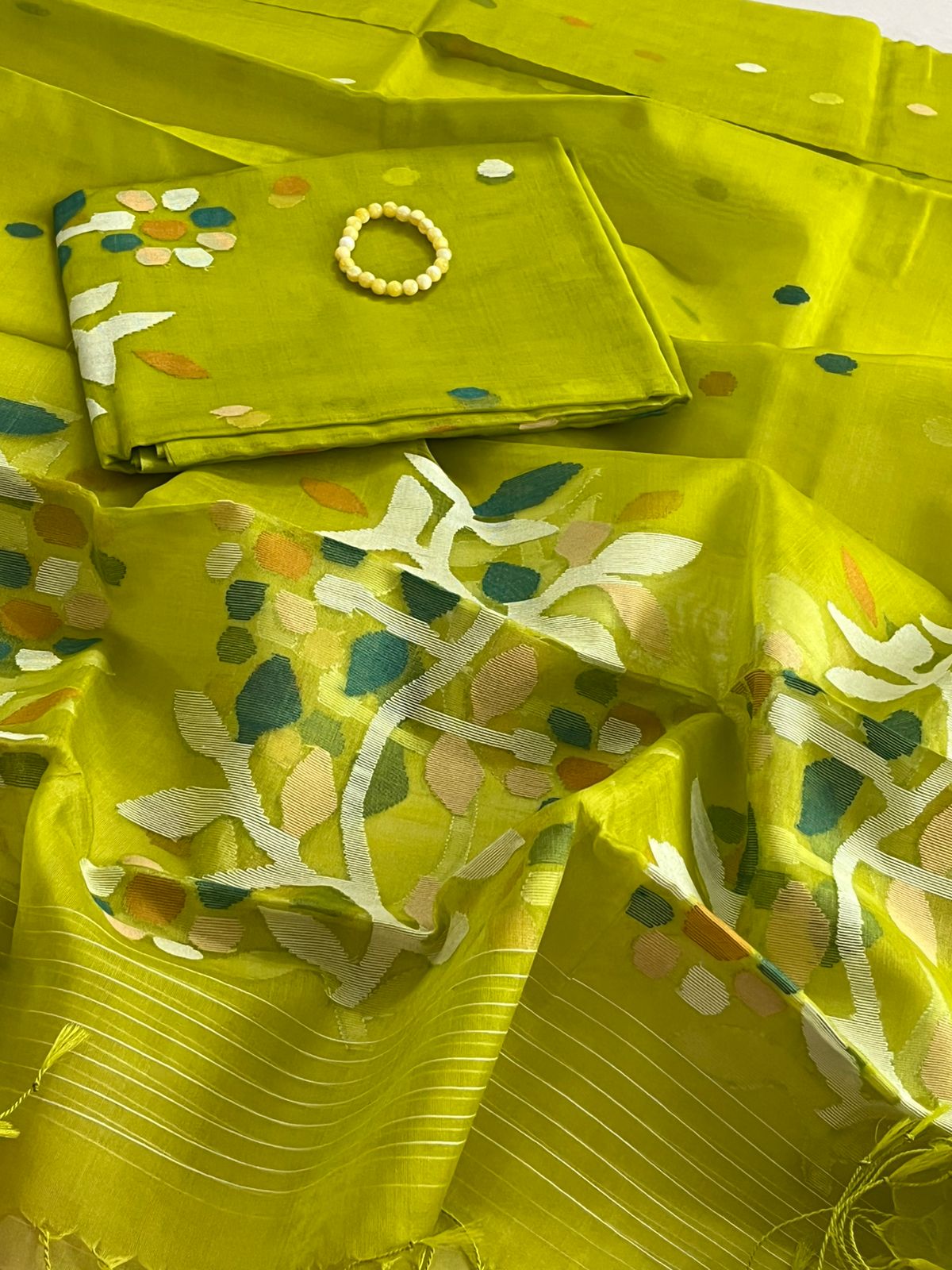 Handwoven Pure Silk Jamdani Kurta Dupatta Sets- Vibrant Lime Green
